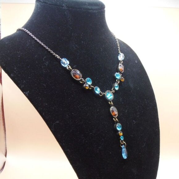 VTG Nina Ricci Stamped Blue Lariat Style Silver Tone Chain Necklace - Picture 2 of 6